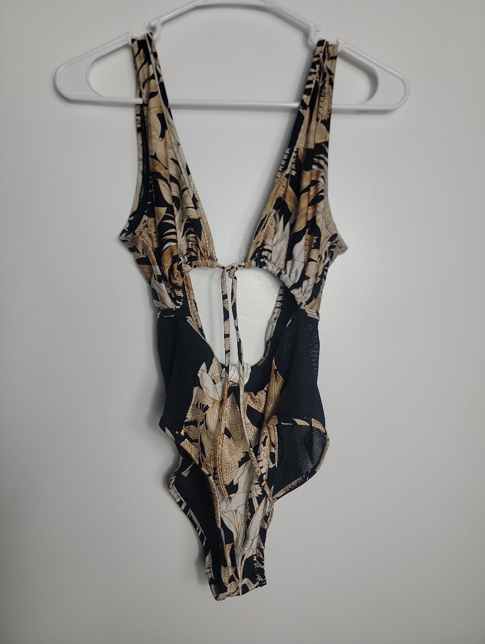 Minkpink Women's Black Tan White Floral Cut Out One Piece Swimsuit, S